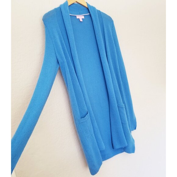 Lilly Pulitzer 100% Cashmere Open Front Longline Pockets Cardigan Blue XS $278 - Picture 8 of 15